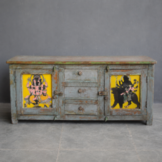 Sideboard mit ehemaliger Glasmalerei aus Indien mit blauer Patina